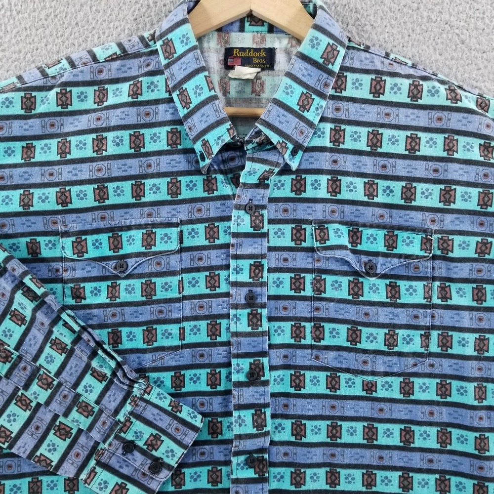 Vintage Ruddock Bros Shirt Mens XL 17.5 Blue Turquoise Aztec Southwest Rodeo USA